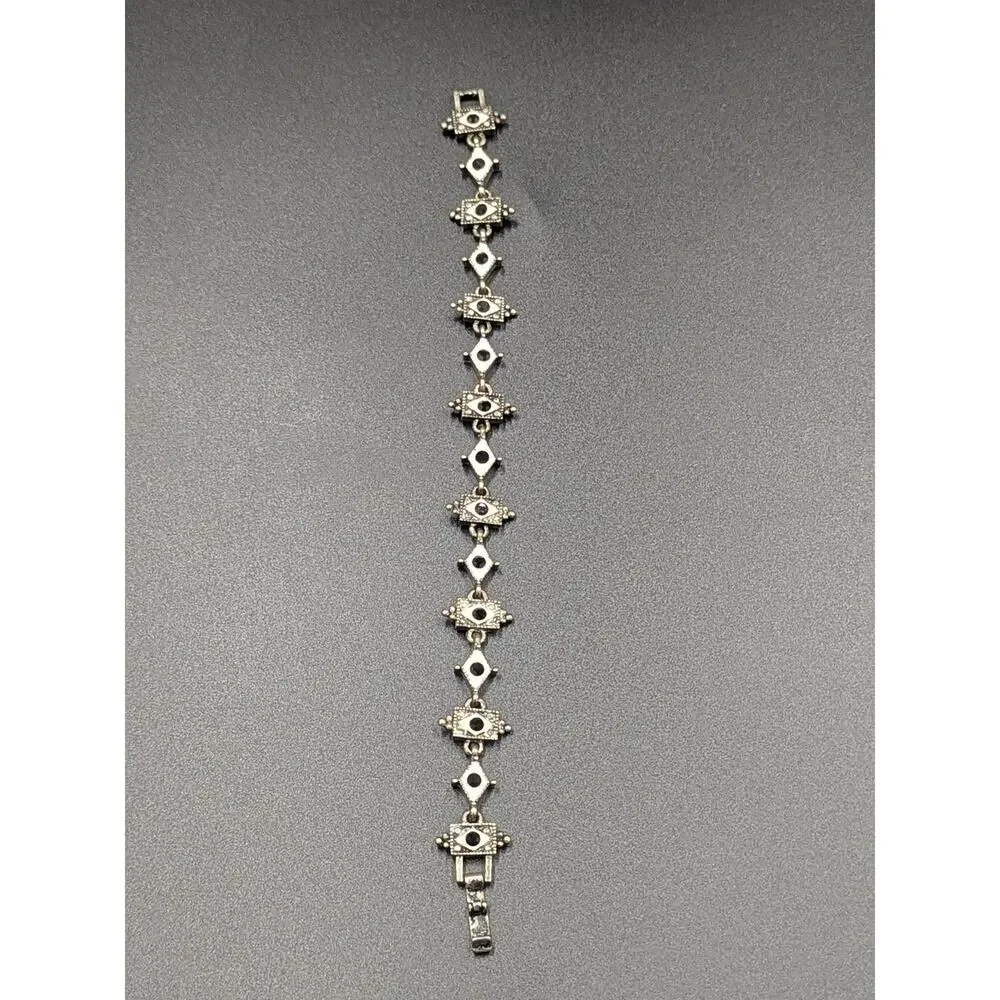 Vintage Silver-Tone Art Deco Style Bracelet Black Glass Rhinestones 7”